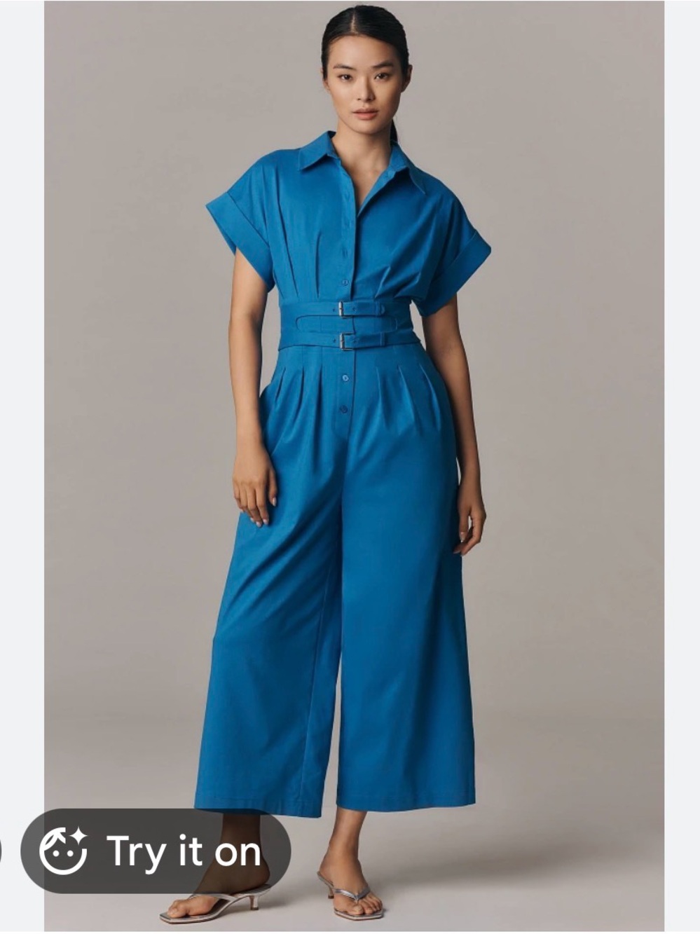 Anthropology Exquise Women's Blue Belted Short-Sleeve Wide-Leg Jumpsuit